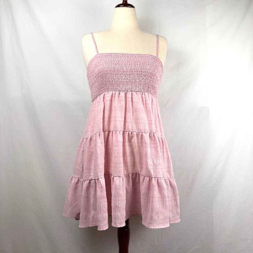 Light Pink Ruched Bodice Baby Doll Mini Dress Spaghetti Straps Swing Size L